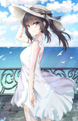 Rule 34 | 1girl, absurdres, animal, bare arms, bare shoulders, bird, black hair, black ribbon, blue eyes, blue sky, blurry, blush, breasts, closed mouth, cloud, cloudy sky, commentary, day, depth of field, dress, from side, hair ornament, hairclip, hand up, hat, hat ribbon, highres, horizon, long hair, looking at viewer, looking to the side, medium breasts, ocean, outdoors, pavement, ponytail, railing, ribbon, sakurajima mai, seishun buta yarou, sidelocks, sky, sleeveless, sleeveless dress, smile, solo, standing, striped ribbon, sun hat, sunhyun, water, white dress, white hat