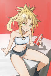 Rule 34 | 1girl, bandeau, belt, black footwear, blue shorts, blush, boots, braid, breasts, can, collarbone, denim, denim shorts, drink can, fate/apocrypha, fate (series), french braid, green eyes, grin, highres, kiritzugu, long hair, looking at viewer, mordred (fate), mordred (fate/apocrypha), mordred (memories at trifas) (fate), navel, parted bangs, pinky out, ponytail, red background, scrunchie, short shorts, shorts, sidelocks, sitting, small breasts, smile, soda can, thighs