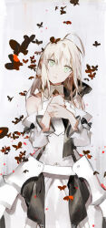 Rule 34 | 1girl, ahoge, bare shoulders, black bow, black butterfly, blonde hair, bow, bug, butterfly, character request, chinese commentary, collar, collarbone, commentary request, copyright request, cowboy shot, detached collar, detached sleeves, dress, green eyes, hands on own chest, heads together, insect, long sleeves, looking at viewer, medium hair, parted lips, red pupils, simple background, sleeve bow, solo, starshadowmagician, strapless, strapless dress, white background, white collar, white dress, white sleeves