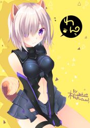 Rule 34 | 1girl, 3:, animal ears, armor, armored dress, artist name, bare shoulders, between legs, black leotard, blush, breasts, closed mouth, clothing cutout, dated, dog ears, dog tail, elbow gloves, fate/grand order, fate (series), gloves, hair over one eye, hand between legs, kemonomimi mode, leotard, looking at viewer, mash kyrielight, medium breasts, navel, navel cutout, purple eyes, sakura hanpen, shadow, short hair, signature, silver hair, sitting, solo, speech bubble, tail, thigh strap, thighs, triangle, yellow background