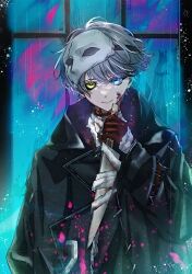 Rule 34 | 1boy, absurdres, atori (atoriri 0), black coat, black sclera, blue background, blue eyes, coat, colored sclera, gloves, grey hair, hand up, heterochromia, highres, holding, holding knife, knife, looking at viewer, male focus, mask, mask on head, mismatched sclera, paint splatter, red gloves, reverse:1999, short hair, smile, solo, upper body, window, x (reverse:1999), yellow eyes