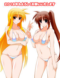 Rule 34 | 2girls, bikini, blonde hair, breasts, brown hair, cleavage, commentary request, covered erect nipples, engo (aquawatery), fate testarossa, large breasts, lips, long hair, looking at viewer, lyrical nanoha, mahou shoujo lyrical nanoha strikers, multiple girls, navel, purple eyes, red eyes, shiny clothes, shiny skin, side ponytail, simple background, skindentation, standing, swimsuit, takamachi nanoha, very long hair, white background, white bikini