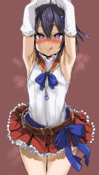Rule 34 | 1girl, :q, armpits, arms up, asanagi, belt, belt buckle, black hair, blue bow, blue neckwear, blush, bow, buckle, closed mouth, commentary request, covered navel, cowboy shot, detached sleeves, flat chest, frilled skirt, frills, granblue fantasy, hair between eyes, heart, heart-shaped pupils, highres, jewelry, long sleeves, looking at viewer, miniskirt, naughty face, necklace, nose blush, pendant, pussy juice, pussy juice trail, red background, red skirt, salria, short hair, simple background, skirt, sleeveless, smile, solo, standing, steaming body, sweat, symbol-shaped pupils, thigh gap, thighs, tongue, tongue out