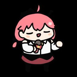 Rule 34 | 1girl, :d, = =, ahoge, animated, animated gif, bell, black headwear, blouse, blush stickers, chibi, closed eyes, commentary, dancing, detached sleeves, english commentary, full body, fuwafuwa 35, hand up, holding, holding microphone, hololive, looping animation, microphone, music, musical note, neck bell, o o, official alternate costume, open mouth, pink hair, red skirt, sakura miko, sakura miko (casual), shirt, singing, skirt, sleeveless, sleeveless shirt, smile, solo, standing, transparent background, virtual youtuber, white shirt