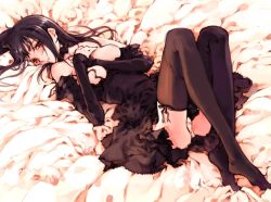 Rule 34 | 1girl, ass, bed, between breasts, black hair, black thighhighs, blush, breasts, detached sleeves, dress, legs up, long hair, lying, nipples, no bra, on back, ooyari ashito, open clothes, open shirt, original, panties, red eyes, shirt, short dress, skirt, solo, thighhighs, underwear, white panties