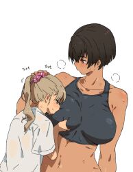 Rule 34 | 2girls, breasts, brown hair, collarbone, commentary, dark-skinned female, dark skin, grabbing, grabbing another&#039;s breast, hand on another&#039;s head, highres, kei (m k), large breasts, looking at another, m k, multiple girls, original, ponytail, red eyes, rika (m k), shirt, short hair, simple background, sweat, symbol-only commentary, tomboy, white background, white shirt, yuri