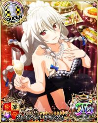 Rule 34 | 1girl, alcohol, bare shoulders, black dress, blush, bracelet, braid, breasts, card (medium), champagne, champagne flute, character name, chess piece, cleavage, cup, dress, drinking glass, food, grayfia lucifuge, grey hair, high school dxd, high school dxd hero, high school dxd pi, jewelry, large breasts, long hair, looking at viewer, maid headdress, mature female, necklace, official art, parted lips, queen (chess), red eyes, see-through, smile, solo, source request, trading card, twin braids