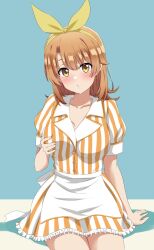 Rule 34 | 1girl, apron, aqua background, blush, breasts, brown hair, collarbone, commentary request, dars (recolors), dress, grabbing own breast, hair ribbon, hairband, highres, isshiki iroha, large breasts, looking at viewer, medium hair, orange dress, puffy short sleeves, puffy sleeves, ribbon, short sleeves, simple background, sitting, solo, striped clothes, striped dress, thighs, vertical-striped clothes, vertical-striped dress, waitress, white apron, white dress, yahari ore no seishun lovecome wa machigatteiru., yellow eyes, yellow hairband, yellow ribbon