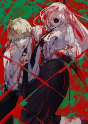 Rule 34 | 1boy, 1girl, absurdres, black necktie, blonde hair, blood, blood on clothes, blood on face, blood on hands, chainsaw man, collared shirt, crazy, crazy eyes, cross-shaped pupils, denji (chainsaw man), green background, hair between eyes, hemokinesis, highres, holding, holding weapon, horns, knife, long hair, looking at viewer, looking to the side, necktie, open mouth, pink hair, power (chainsaw man), red horns, sharp teeth, shirt, short hair, smile, symbol-shaped pupils, syokuuuuuuuuumura, teeth, tongue, tongue out, weapon, white shirt, yellow eyes