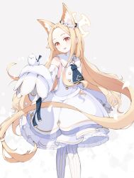 Rule 34 | 1girl, :d, animal ear fluff, animal ears, bird, black necktie, blonde hair, blue archive, commentary request, detached sleeves, dress, flower, forehead, fox ears, fox girl, fox tail, frilled dress, frills, hair flower, hair ornament, halo, head tilt, highres, long hair, long sleeves, looking at viewer, necktie, open mouth, orange eyes, pantyhose, parted bangs, school uniform, seia (blue archive), shijima (shijima tc), sidelocks, simple background, sleeves past fingers, sleeves past wrists, smile, solo, striped clothes, striped pantyhose, tail, white background, white dress, white pantyhose, wide sleeves