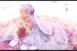 Rule 34 | 1girl, :d, alternate costume, alternate hairstyle, azur lane, bare shoulders, blush, bouquet, bridal veil, closed eyes, commentary request, dress, flower, flower bed, hair between eyes, hair flower, hair ornament, happy, highres, holding, holding bouquet, karinto yamada, laffey (azur lane), layered dress, letterboxed, long hair, looking up, messy hair, off-shoulder dress, off shoulder, open mouth, petals, pink flower, pink rose, purple flower, purple rose, red flower, red rose, rose, sidelocks, signature, silver hair, sitting, smile, solo, veil, very long hair, wedding dress, white background, white dress, white flower, white legwear, yokozuwari
