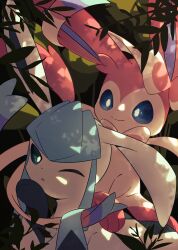 Rule 34 | blue eyes, bright pupils, closed mouth, commentary request, creatures (company), game freak, gen 4 pokemon, gen 6 pokemon, glaceon, green eyes, highres, leaf, nintendo, no humans, one eye closed, outdoors, pokemon, pokemon (creature), sato (i cant do it), smile, sylveon