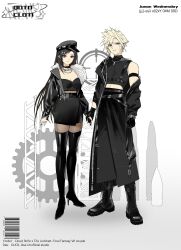 Rule 34 | absurdres, alternate costume, barcode, belt, black choker, black coat, black footwear, black gloves, black hair, black hat, black jacket, black pants, black shirt, black skirt, black theme, blonde hair, blue eyes, boots, breasts, bullet, choker, cleavage, cloud strife, coat, commentary, couple, crop top, cropped shirt, duoj ji, fashion, final fantasy, final fantasy vii, final fantasy vii rebirth, final fantasy vii remake, full body, fur-trimmed jacket, fur trim, gears, gloves, hair ornament, hairclip, hat, high heel boots, high heels, highres, holding hands, jacket, jewelry, long hair, looking at viewer, matching outfits, medium breasts, midriff peek, navel, necklace, open clothes, open jacket, pants, pantyhose, red eyes, ring, shirt, short hair, single bare shoulder, skirt, spiked hair, standing, thigh boots, tifa lockhart, turtleneck, turtleneck shirt