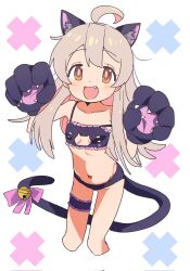 Rule 34 | 1girl, ahoge, animal ears, animal hands, cat cutout, cat ears, cat lingerie, cat paws, cat tail, clothing cutout, fang, flat chest, hair between eyes, highres, long hair, meme attire, navel, onii-chan wa oshimai!, oyama mahiro, simple background, solo, tail, thigh strap, tktktktknoko