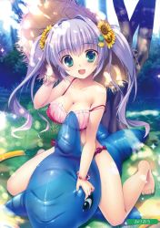 Rule 34 | 1girl, :d, absurdres, artist name, barefoot, bikini, blush, bow, bracelet, breasts, bush, cleavage, collarbone, copyright request, dappled sunlight, flower, full body, grass, green eyes, hair flower, hair ornament, hairclip, hand on headwear, hat, highres, hose, inflatable dolphin, inflatable toy, jewelry, long hair, looking at viewer, melonbooks, mikeou, open mouth, outdoors, polka dot, polka dot bikini, purple hair, red bow, scan, sitting, smile, solo, sparkle, strap slip, sun hat, sunflower, sunlight, swimsuit, tree, twintails, very long hair, water