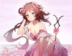 Rule 34 | 1girl, animal ears, arknights, backlighting, bare shoulders, bikini, blush, brown hair, cine (wazd0183), closed mouth, collarbone, cowboy shot, eyjafjalla (arknights), eyjafjalla (summer flower) (arknights), flower, hair flower, hair ornament, hand in own hair, hand up, highres, horizon, horns, leaning forward, long hair, looking at viewer, ocean, official alternate costume, parted bangs, pink flower, plaid, plaid bikini, purple bikini, purple eyes, sheep ears, sheep girl, sheep horns, sky, solo, staff, strapless, strapless bikini, swimsuit, very long hair, water