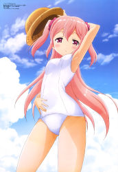 Rule 34 | 10s, 1girl, absurdres, armpits, day, hair ornament, hair scrunchie, hand on own stomach, hat, highres, official art, old school swimsuit, one-piece swimsuit, pan de peace!, pink eyes, pink hair, sakura noa, school swimsuit, scrunchie, solo, sun hat, swimsuit, tokuda yumenosuke, two side up, white school swimsuit, white one-piece swimsuit