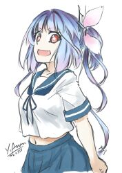 Rule 34 | 1girl, arimura yuu, blue hair, blue sailor collar, blue skirt, cosplay, dated, fang, flower-shaped pupils, fubuki (kancolle), fubuki (kancolle) (cosplay), hair ribbon, highres, i-19 (kancolle), kantai collection, long hair, navel, pleated skirt, red eyes, ribbon, sailor collar, school uniform, serafuku, signature, simple background, skirt, solo, standing, star-shaped pupils, star (symbol), symbol-shaped pupils, tri tails, white background