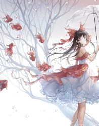 Rule 34 | 1girl, alternate costume, bare shoulders, bare tree, black hair, blush, bow, brown eyes, commentary request, dress, feet out of frame, fish, gradient background, grey background, hair bow, hair tubes, hakurei reimu, hand up, highres, holding, holding umbrella, hoshi ame, long hair, looking at viewer, off-shoulder dress, off shoulder, rain, red bow, sidelocks, smile, solo, standing, touhou, tree, umbrella, water drop, white background, white dress