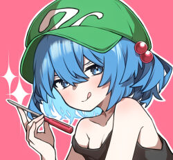 Rule 34 | 1girl, black tank top, blue eyes, blue hair, breasts, cabbie hat, ch00suke, cleavage, closed mouth, flat cap, green hat, hair bobbles, hair ornament, hat, holding, holding screwdriver, kawashiro nitori, looking at viewer, medium hair, pink background, screwdriver, simple background, smile, solo, sparkle, strap slip, tank top, tongue, tongue out, touhou, two side up, upper body