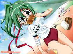 Rule 34 | 1girl, 2004, bandages, bandaged arm, bandaid, bandaid on arm, blue eyes, blush, bread, buruma, day, dutch angle, flag, food, galge.com, glasses, green hair, gym uniform, looking at viewer, mouse (galge.com), mouth hold, original, pennant, scanner (galge.com), sky, standing, string of flags, tears, wallpaper, watermark, web address