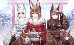 Rule 34 | + +, 5girls, :d, absurdres, akagi-chan (azur lane), akagi (azur lane), amagi-chan (azur lane), amagi (azur lane), animal ears, azur lane, bell, black kimono, blue eyes, blush, breasts, brown hair, brown kimono, closed eyes, dango, day, excited, expressionless, eyeshadow, facing viewer, food, fox ears, fox girl, fox tail, hair bell, hair ornament, hair over one eye, hairclip, hairpin, hand on another&#039;s head, hand up, happy, highres, japanese clothes, kaga (azur lane), kimono, kitsune, large breasts, long hair, looking at another, makeup, multiple girls, multiple tails, open mouth, orange eyes, outdoors, print kimono, purple eyes, red eyes, red eyeshadow, red kimono, samip, slit pupils, smile, snow, snowing, tail, teeth, upper body, upper teeth only, very long hair, wagashi, white hair, white kimono