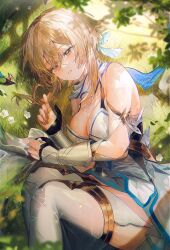 Rule 34 | 1girl, bare shoulders, black gloves, blonde hair, boots, breasts, cleavage, detached sleeves, dress, fingerless gloves, genshin impact, gloves, highres, long sleeves, looking at viewer, lumine (genshin impact), lying, on side, outdoors, parted lips, short hair with long locks, solo, tears, thigh boots, thighhighs, utsuhostoria, white dress, white thighhighs, yellow eyes