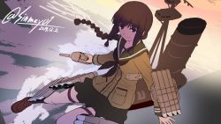 Rule 34 | 1girl, black eyes, black hair, black neckerchief, black skirt, black socks, blunt bangs, braid, brown footwear, brown shirt, closed mouth, commentary, commentary request, dated, dusk, dutch angle, hair ribbon, highres, holding, holding weapon, kantai collection, kitakami (kancolle), loafers, long hair, long sleeves, looking at viewer, miniskirt, neckerchief, one-hour drawing challenge, outdoors, ribbon, rigging, school uniform, serafuku, shinmai (kyata), shirt, shoes, sidelocks, single braid, skirt, smile, socks, solo, standing, thigh strap, tress ribbon, twitter username, water, weapon