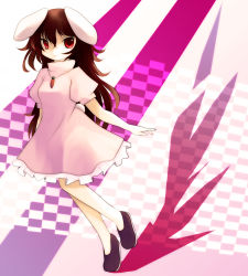 Rule 34 | 1girl, aged up, alternate hairstyle, animal ears, brown hair, carrot, dress, female focus, inaba tewi, jewelry, long hair, pendant, pink dress, rabbit ears, red eyes, solo, touhou, yume shokunin