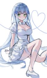 Rule 34 | 1girl, absurdres, alternate costume, arms behind back, bad id, bad pixiv id, blue hair, blush, breasts, cleavage, closed mouth, dot mouth, dress, girls&#039; frontline, green eyes, hair ornament, heart, highres, hk416 (girls&#039; frontline), hyoin, large breasts, light blue hair, long hair, looking at viewer, necktie, puffy sleeves, scoop neck, sidelocks, simple background, sitting, sketch, solo, spread legs, thigh strap, very long hair, white dress, white footwear, white necktie, x hair ornament