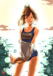 Rule 34 | 10s, 1girl, abo (hechouchou), artist name, bare shoulders, brown hair, closed eyes, glowing, highres, i-401 (kancolle), kantai collection, one-piece swimsuit, personification, ponytail, school swimsuit, school uniform, short hair, short ponytail, sky, smile, solo, swimsuit, tan, water