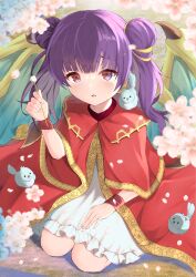 Rule 34 | 1girl, absurdres, animal, animal on shoulder, bird, bird on shoulder, blunt bangs, bracelet, capelet, cherry blossoms, coat, dragon girl, dragon wings, dress, ear cleaning, falling petals, file112056, fire emblem, fire emblem: the sacred stones, frilled dress, frills, from above, full body, gold trim, grass, green wings, hair tie, hand on own thigh, hand up, highres, jewelry, kneeling, legs together, long hair, looking at viewer, mimikaki, multi-tied hair, myrrh (fire emblem), nature, nintendo, on ground, open clothes, open coat, pale skin, parted lips, petals, pov, purple hair, red capelet, red coat, red eyes, short dress, solo, twintails, white dress, wings, worried, wristband, yellow wings