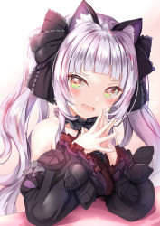 Rule 34 | 1girl, animal ear fluff, animal ears, bare shoulders, black bow, black choker, blunt bangs, blush, bow, brown hair, cat ears, choker, commentary request, detached sleeves, frilled choker, frills, gothic lolita, green eyes, hair bow, highres, hololive, lolita fashion, long hair, long sleeves, looking at viewer, multicolored eyes, murasaki shion, murasaki shion (gothic lolita), open mouth, sidelocks, silver hair, smile, solo, steepled fingers, twintails, upper body, virtual youtuber, wide sleeves, yuano