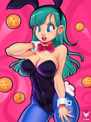 Rule 34 | 1girl, aqua hair, blue eyes, bow, bowtie, breasts, bulma, cameltoe, cleavage, dragon ball, dragon ball (object), large breasts, leotard, long hair, medium breasts, open mouth, pantyhose, playboy bunny, rabbit ears, rabbit tail, solo, thighs