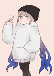 Rule 34 | 1boy, :&gt;, aqua eyes, beanie, black hat, black pantyhose, blue hair, blush, brown background, brown hair, captain nemo (fate), closed mouth, fate/grand order, fate (series), gradient hair, grey hoodie, hand in pocket, hand up, hat, highres, hood, hood down, hoodie, i.u.y, long hair, long sleeves, looking at viewer, male focus, multicolored hair, nemo (fate), pantyhose, simple background, sleeves past wrists, solo, trap, twintails, very long hair