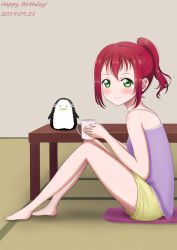 Rule 34 | 1girl, aqua eyes, artist name, artist request, bare legs, bare shoulders, blush, cup, feet, female focus, full body, green shorts, highres, holding, holding cup, kurosawa ruby, looking at viewer, love live!, love live! sunshine!!, nail polish, nails, parted lips, pink nails, ponytail, purple shirt, red hair, shirt, short hair, shorts, smile, solo, stuffed animal, stuffed penguin, stuffed toy, table, vl dante