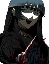 1girl black_hair blood bloody_knife braces commentary fangs grey_eyes gunjyou_(gunjyou_00) holding holding_knife knife long_hair looking_at_viewer open_mouth original simple_background solo symbol-only_commentary upper_body white_background