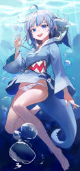 Rule 34 | 1girl, absurdres, air bubble, bare legs, barefoot, blue eyes, blue hair, blue hoodie, bubble, commentary, english commentary, feet, fins, fish tail, full body, gawr gura, gawr gura (1st costume), hand up, highres, hololive, hololive english, hood, hood down, hoodie, long sleeves, looking at viewer, mac star, medium hair, multicolored hair, open mouth, panties, shark tail, sharp teeth, smile, solo, streaked hair, tail, teeth, toes, underwater, underwear, virtual youtuber, white panties
