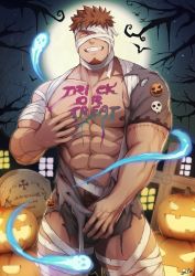 Rule 34 | 1boy, abs, bandage over one eye, bandaged arm, bandaged leg, bandages, bara, body writing, bodypaint, brown eyes, brown hair, clothes pull, facial hair, full moon, glowing, glowing eyes, goatee, graveyard, halloween, halloween costume, hand on own chest, highres, jack-o&#039;-lantern, large pectorals, looking at viewer, male focus, male pubic hair, moon, muscular, muscular male, night, night sky, nipples, one eye covered, original, outstretched arms, pectorals, pubic hair, pulling own clothes, pumpkin, short hair, sky, smile, solo, teeth, thick thighs, thighs, torn clothes, trick or treat, zifu