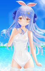 Rule 34 | 1girl, absurdres, bare arms, blue hair, blue ribbon, blue sky, blush, bow, breasts, carrot hair ornament, casual one-piece swimsuit, closed mouth, cloud, collarbone, day, floating hair, food-themed hair ornament, hair between eyes, hair bow, hair ornament, hair ribbon, highres, hololive, long hair, looking at viewer, ocean, one-piece swimsuit, orange eyes, outdoors, ribbon, sky, small breasts, smile, solo, standing, surgate matias, swimsuit, usada pekora, very long hair, virtual youtuber, wading, white one-piece swimsuit
