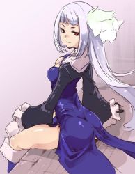 Rule 34 | 1girl, ass, boots, bravely default: flying fairy, bravely default (series), bravely second: end layer, breasts, flower, gloves, hair flower, hair ornament, knee boots, legs, light purple hair, looking back, magnolia arch, red eyes, solo, thighs, thomasz