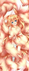 Rule 34 | 1girl, absurdres, animal ear fluff, animal ears, blonde hair, blue eyes, blue thighhighs, cloud, commentary request, fang, fox ears, fox girl, fox tail, hair between eyes, highres, holding, holding with tail, hugging own tail, hugging tail, kitsune, komuginyan, kyuubi, large tail, long hair, looking at viewer, multiple tails, open mouth, original, prehensile tail, single thighhigh, solo, striped clothes, striped thighhighs, tail, thighhighs, very long hair