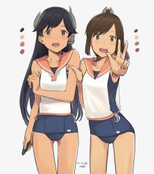Rule 34 | 2girls, :d, artist name, black eyes, black hair, blouse, blue one-piece swimsuit, brown eyes, brown hair, color guide, cowboy shot, dated, grey background, i-400 (kancolle), i-401 (kancolle), kantai collection, kawashina (momen silicon), long hair, multiple girls, one-piece swimsuit, open mouth, orange sailor collar, ponytail, sailor collar, sailor shirt, school swimsuit, shirt, short hair, simple background, sleeveless, sleeveless shirt, smile, swimsuit, swimsuit under clothes, v, white shirt