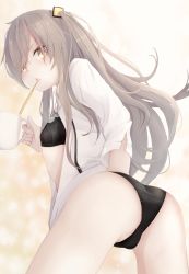 Rule 34 | 1girl, absurdres, artist request, ass, black panties, bra, breasts, cameltoe, cup, from behind, from below, girls&#039; frontline, green eyes, hair ornament, highres, light brown hair, long hair, looking at viewer, mouth hold, mug, open clothes, open mouth, open shirt, panties, scar, scar across eye, shiny skin, shirt, side ponytail, sideboob, solo, stalk in mouth, straw, ump45 (girls&#039; frontline), underwear, very long hair