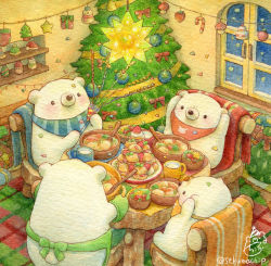 Rule 34 | animal focus, apron, bear, chair, christmas, christmas tree, cream puff, food, green apron, indoors, no humans, original, oven mitts, polar bear, scarf, sitting, small stellated dodecahedron, st.kuma, striped clothes, striped scarf, table
