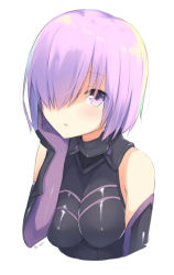 Rule 34 | 1girl, :d, armor, armored dress, bad id, bad pixiv id, bare shoulders, black gloves, blush, breasts, cleavage, elbow gloves, fate/grand order, fate (series), gloves, hair over one eye, hand on own cheek, hand on own face, large breasts, light purple hair, looking at viewer, mash kyrielight, mashu kyrielite, mimura zaja, open mouth, parted lips, purple eyes, purple gloves, purple hair, short hair, simple background, skin tight, sleeveless, smile, solo, twitter username, type-moon, upper body, white background