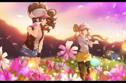 Rule 34 | 2girls, ankea (a-ramo-do), antenna hair, baseball cap, black legwear, black vest, black wristband, blue eyes, blurry, blurry background, brown hair, closed mouth, creatures (company), denim, denim shorts, eyelashes, field, floating hair, flower, flower field, game freak, hand on headwear, hand on own thigh, hat, highres, hilda (pokemon), leaning forward, letterboxed, long hair, multiple girls, nintendo, outdoors, pantyhose, pantyhose under shorts, petals, pink flower, pokemon, pokemon bw, pokemon bw2, raglan sleeves, rosa (pokemon), shirt, short shorts, shorts, sidelocks, sky, sleeveless, sleeveless shirt, sleeves past elbows, smile, sparkle, standing, stretching, twilight, twintails, two-tone headwear, vest, visor cap, wristband, yellow shorts