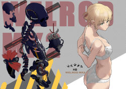 Rule 34 | abs, android, artist request, ass, blonde hair, blue eyes, bra, breasts, character name, cleavage, girls&#039; frontline, highres, multiple views, panties, ribs, short twintails, skeleton, skull, spine, translation request, twintails, underwear, underwear only, welrod mkii (girls&#039; frontline), white bra, white panties