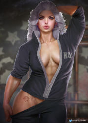 Rule 34 | 1girl, breasts, dorohedoro, female focus, highres, muscular, muscular female, noi (dorohedoro), shikarii, solo, tattoo, track suit, undressing, white hair