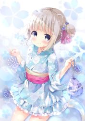 Rule 34 | 1girl, absurdres, animal ears, blue kimono, blue nails, bow, closed mouth, commentary request, fang, fang out, ferret ears, ferret tail, fingernails, floral print, flower, frilled kimono, frills, hair bow, hair bun, hair flower, hair ornament, highres, holding, japanese clothes, kimono, long sleeves, looking at viewer, nail polish, neki (wakiko), obi, original, print kimono, purple bow, purple flower, sash, short kimono, side bun, sidelocks, single hair bun, single side bun, smile, solo, twitter username, white flower, wide sleeves